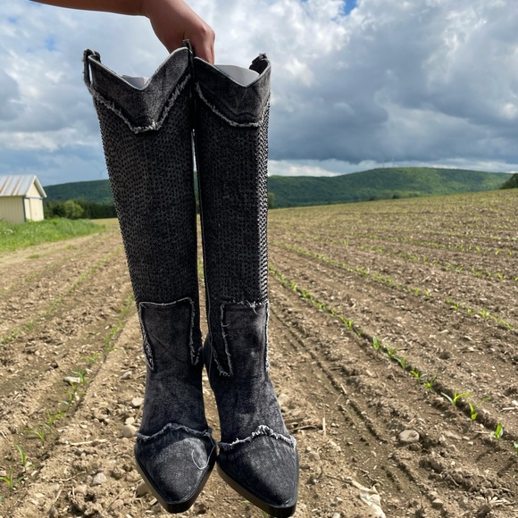 ZARA RHINESTONE DENIM COWBOY BOOTS - Picture 15 of 16